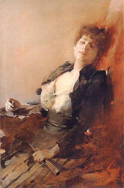 Franciszek zmurko Portrait of a woman with a fan and a cigarette. oil painting picture